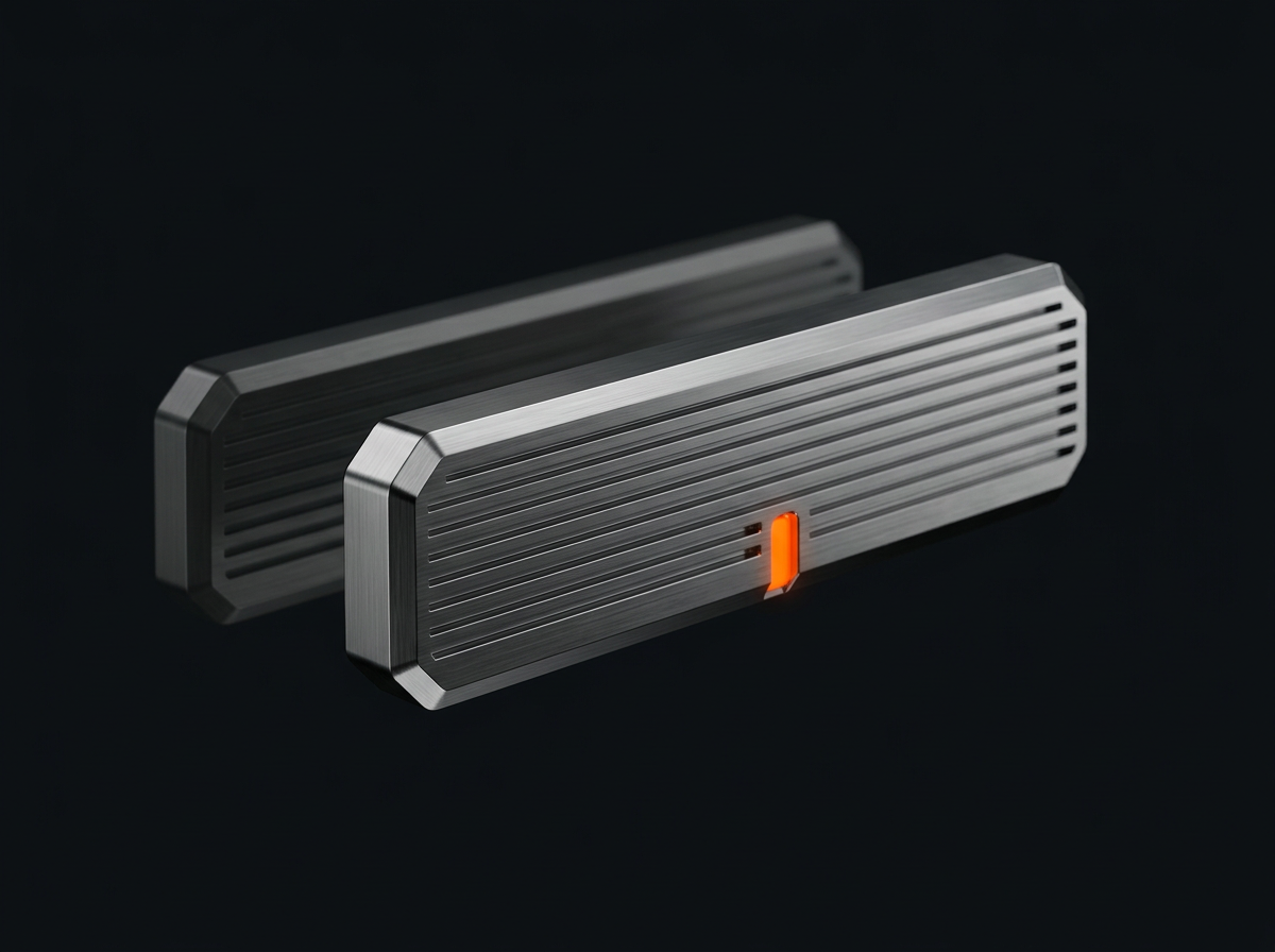 A machined titanium bar on a dark background, shadowed by a faint, near-identical mirrored copy of itself, with a single orange warning notch glowing on its face.