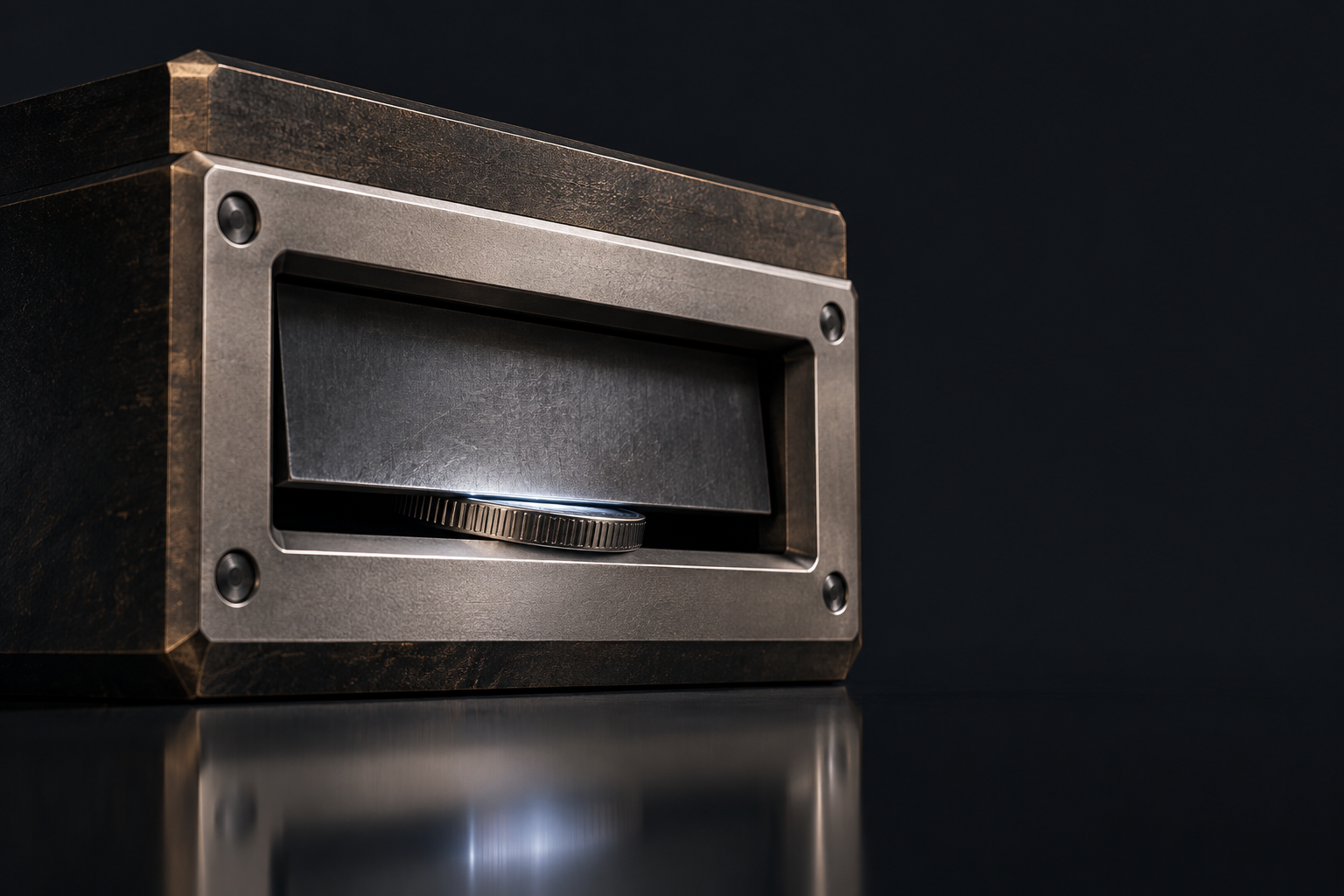 A dark bronze deposit slot with its steel shutter closing on the last coin while the slot behind it stands empty