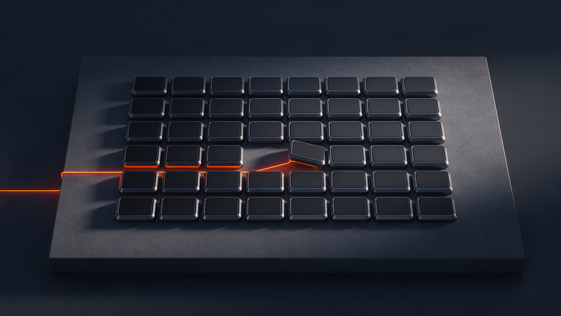 Cuadrícula de bloques metálicos idénticos mecanizados sobre hormigón oscuro, uno levantado y con un fino canal naranja por debajo