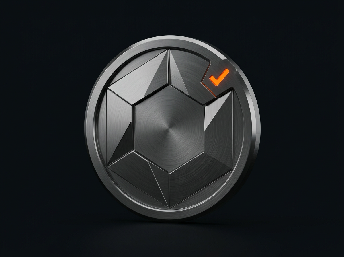 A glowing orange coin frozen inside a block of dark ice against a black background.