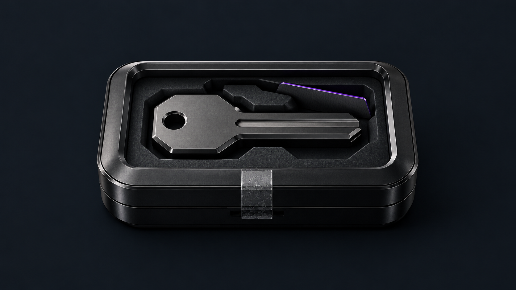 A sealed matte-black case holding a machined metal key, with a thin foreign graphite wafer wedged beside it