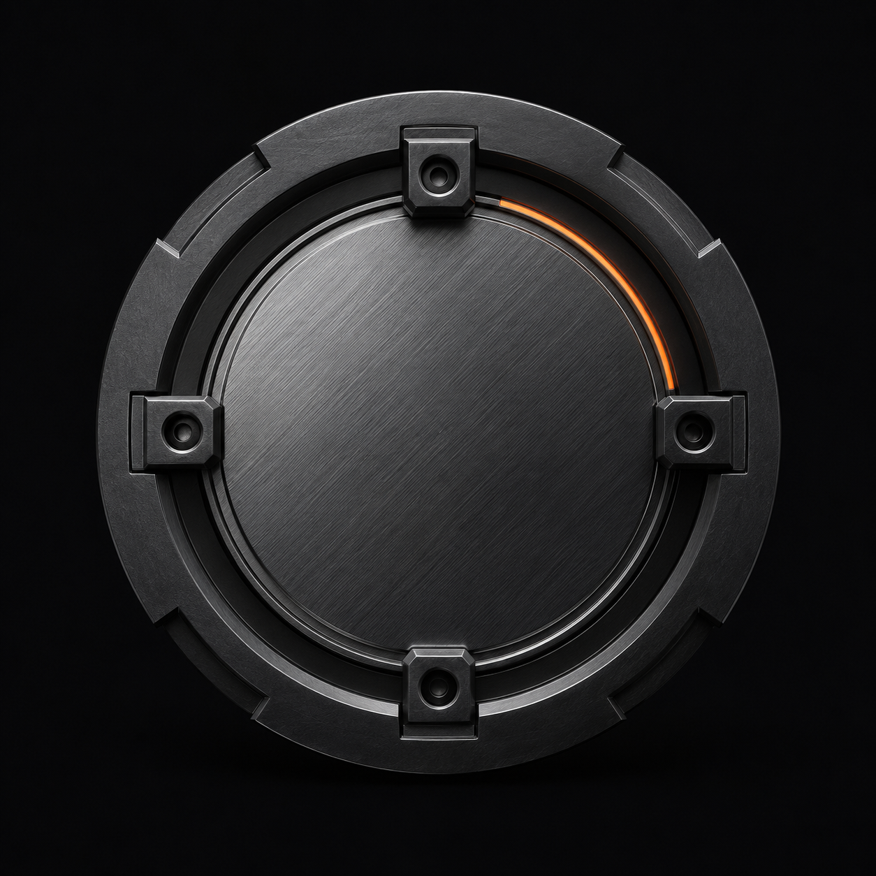 A machined metal coin clamped flush inside a heavy titanium locking collar, a thin orange indicator arc glowing along the inner rim.